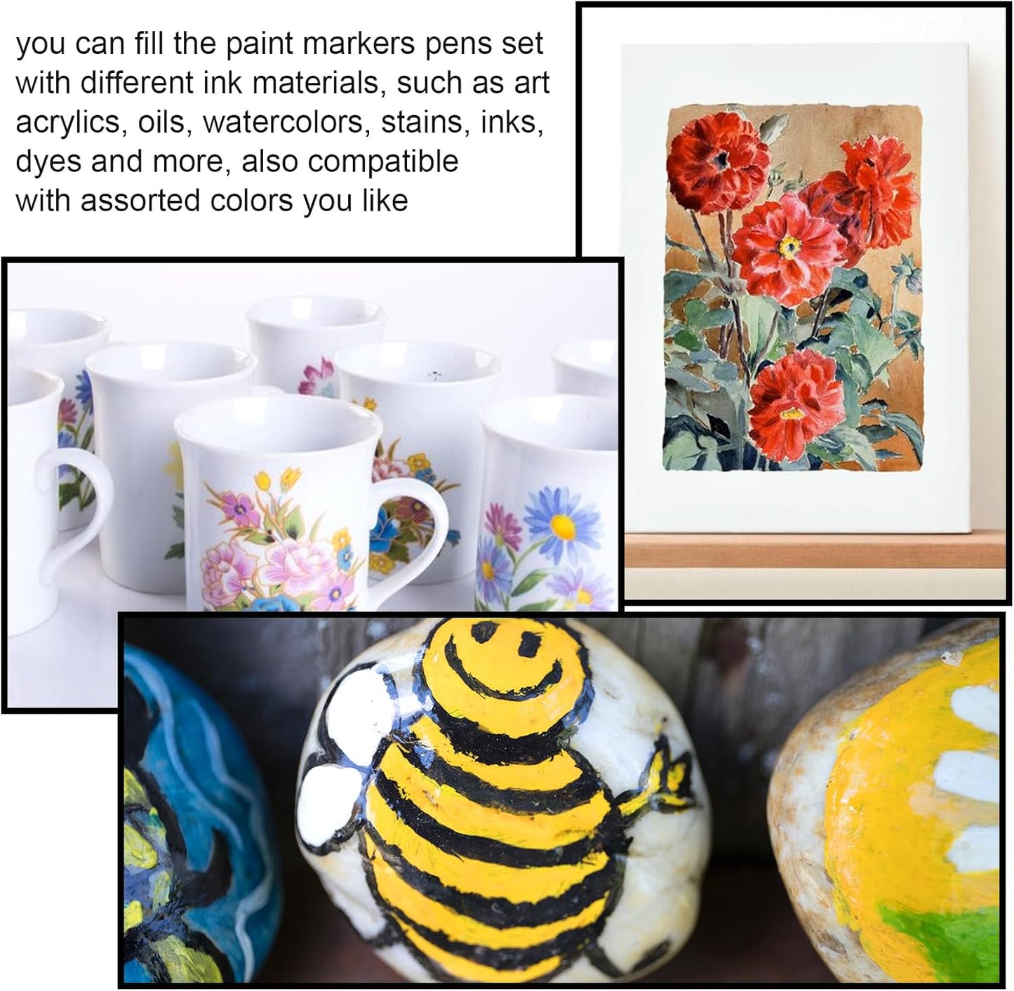 Acrylic Paint Markers,6 Pcs Empty Markers, Fillable Paint Touch Up Pen, Round Tilted Flat Head Refillable Paints Marker for Touch Up Graffiti Paper Drawing