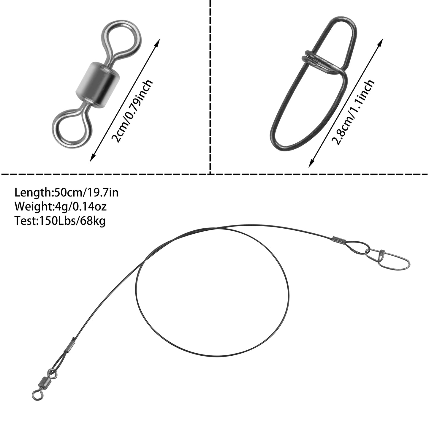 Fishing Wire Leaders, 15pcs Heavy Duty 150LB Stainless Steel Fishing Line Leaders with Swivels and Snaps Nylon-Coated Tooth Proof Saltwater Line Wire Leader Snap Connector 19.7inch