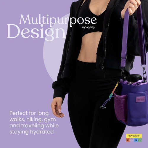 OYVEYKAY Water bottle holder carrier bag tumbler compatible with stanley Hydroflask with adjustable straps and 3 pockets premium quality (Purple)
