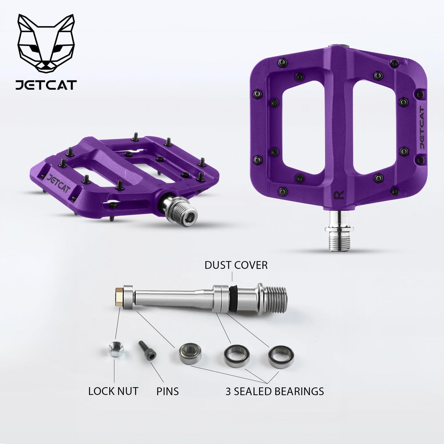 JETCAT Mountain Bike Pedals Flat - MTB Pedals Flat, Bicycle Pedals for BMX/MTN/Road/Gravel/EBike, BMX Pedals, Platform Pedals, Adults & Kids Bike Replacement - Purple 9/16
