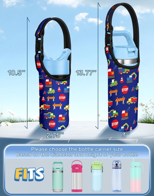 Miss Adola Water Bottle Carrier with Strap - Handheld Kids Water Bottle Holder for 10-16 oz Cute Cartoon Design Neoprene Crossbody Bottle Sling Bag for Boys for Insulated Drink Bottle, Excavator Car