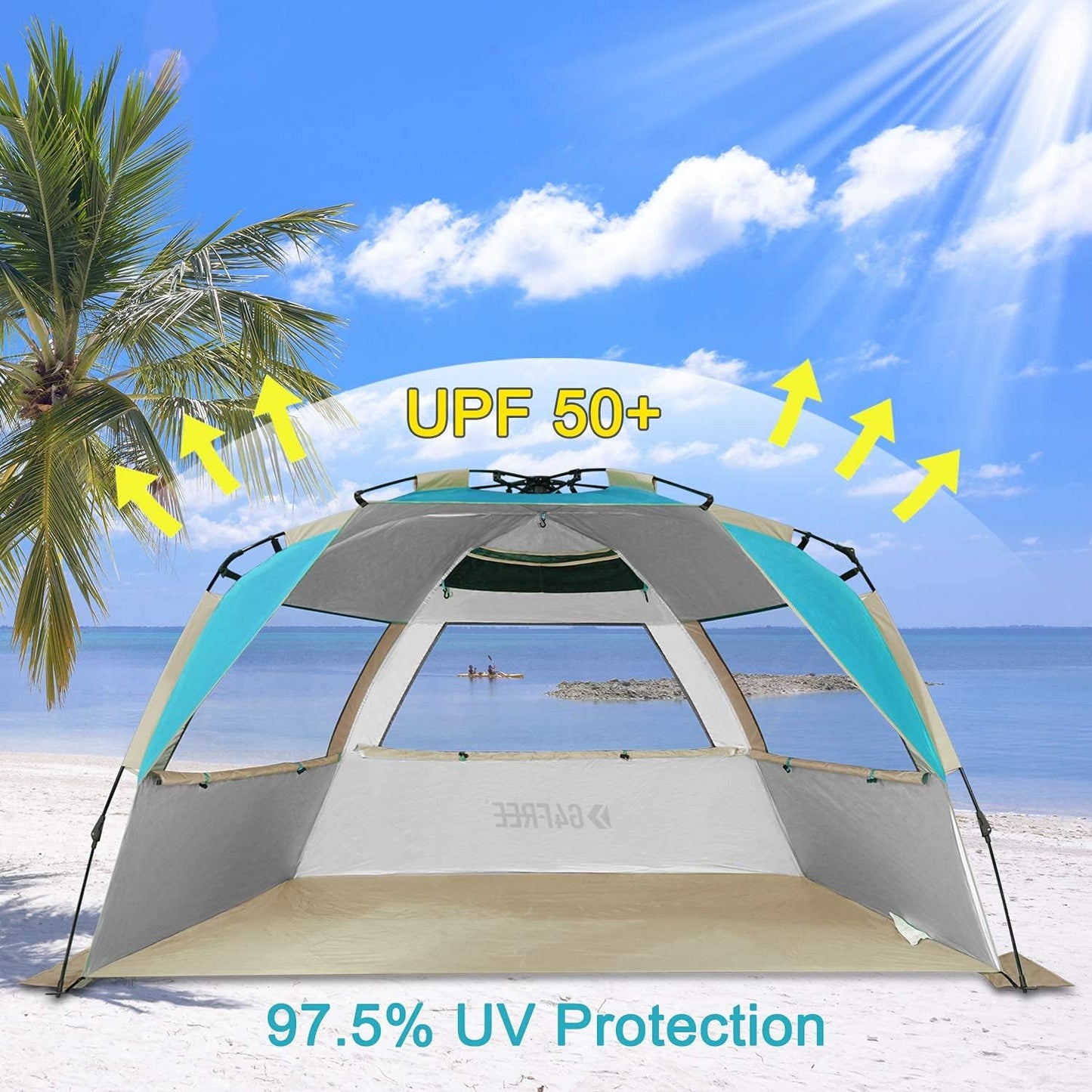 G4Free Easy Set up Beach Tent Deluxe XL, Pop up Sun Shelter for 3-4 Persons with UPF 50+ Protection Beach Shade with Extended Floor