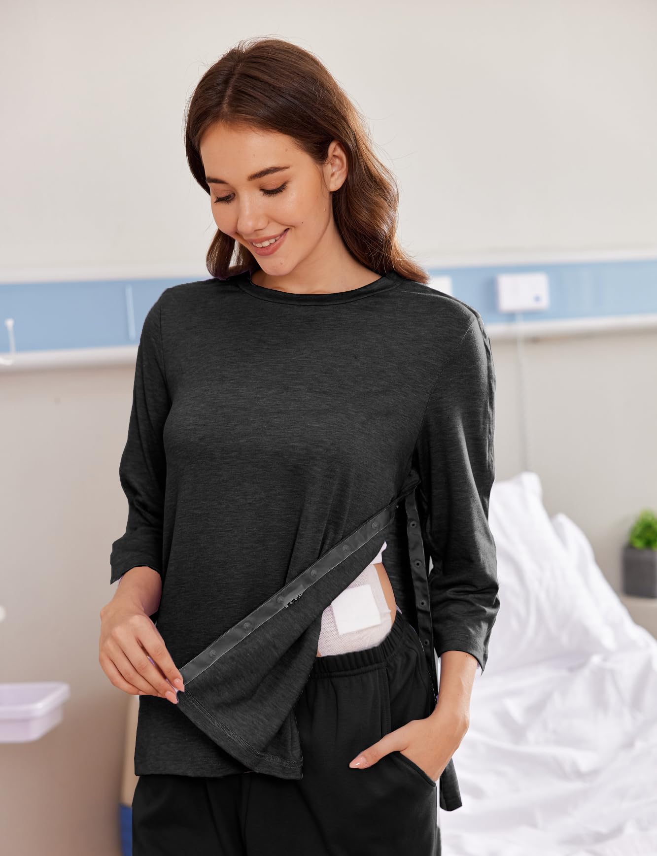 Deyeek Post Shoulder Surgery Shirts for Women Tear Away Snap Recovery Shirt Women Full Snap Access Dialysis Chemo Clothing 3XL