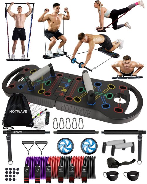 HOTWAVE Portable Exercise Equipment with 16 Gym Accessories,20 in 1 Push Up Board Fitness,Resistance Bands with Ab Roller Wheel,Full Body Workout at Home