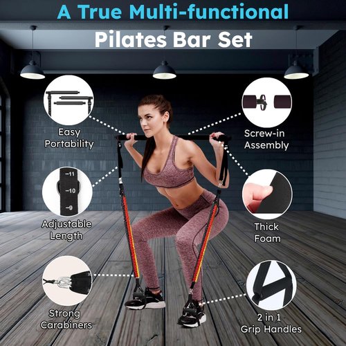 Pilates Bar Kit with Resistance Bands (10 Units) | 3 Loop Bands + 1 Jump Rope & Full-Body Workout Equipment | Dedicated Video Channel | Portable Home Gym