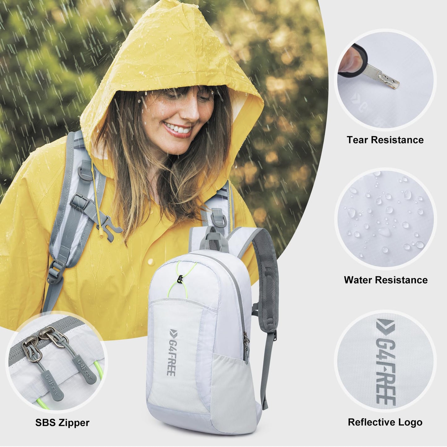 G4Free 24L Lightweight Packable Hiking Backpack Small Sport Travel Daypack Water Resistant for Women Men（White）