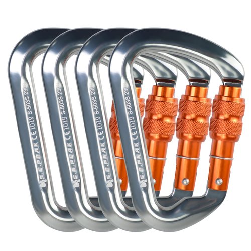 SEPEAK UIAA CE 30kN Locking Climbing Carabiner, Professional Heavy Duty Screwgate Clip for Outdoor Climbing, Mountaineering, Rappelling, Camping, Hiking, Swing,Large D Carabiner Hook/6744lb,4pc,Orange