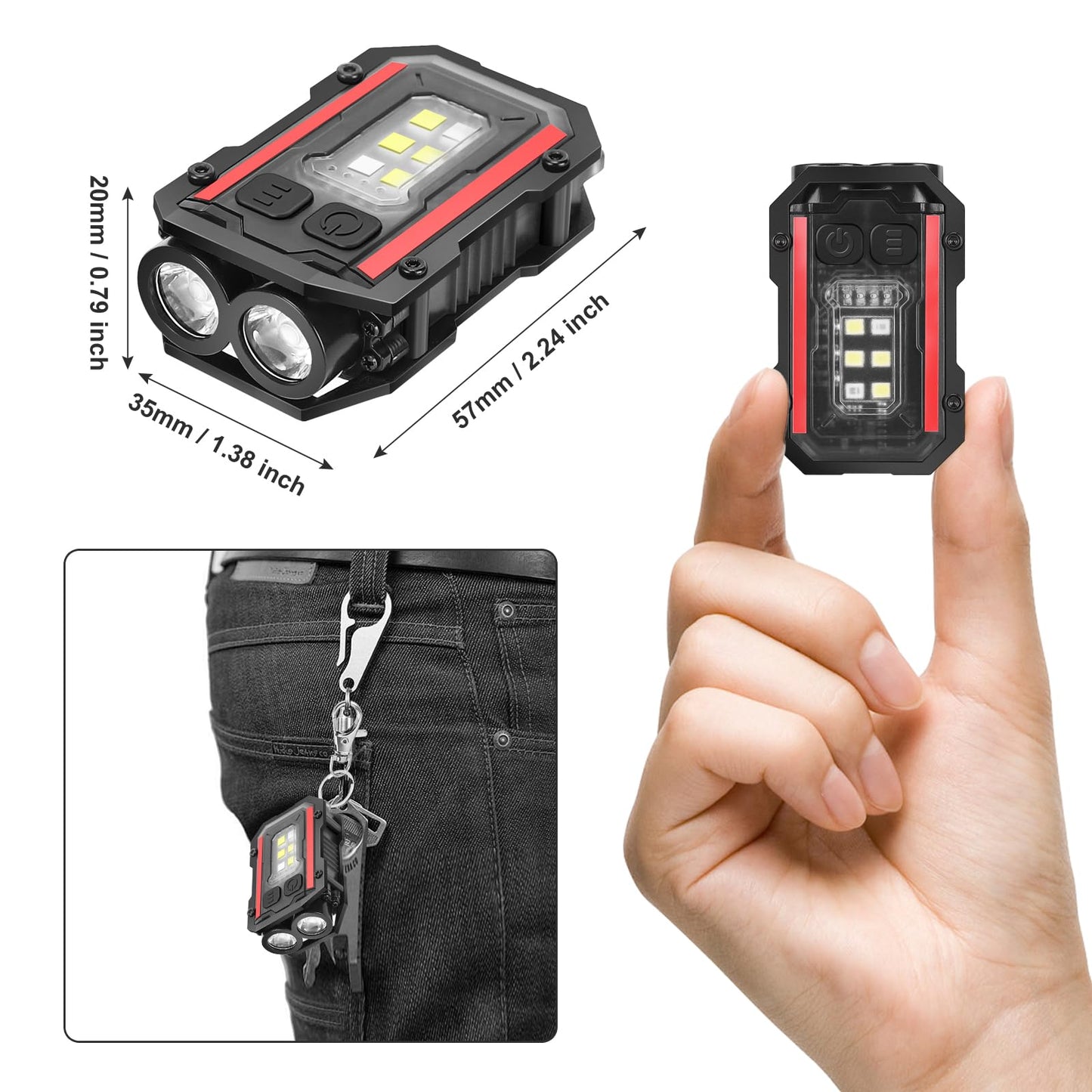 SUNPRO Mini Keychain Flashlight with Clip, 8 Modes Pocket Flash Light, Red Blue COB Side Light, Type-C Rechargeable for Hiking, Camping, Emergency (1, Black)