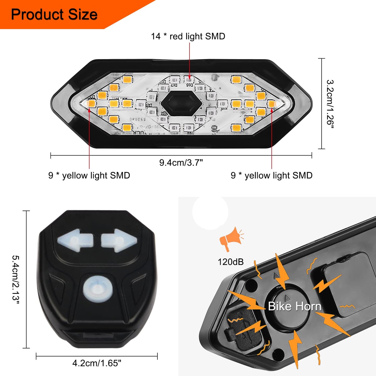 JHMUERN Bike Tail Light With Turn Signals - Ultra Bright Bicycle Taillight, Waterproof Safety Warning, Rechargeable Remote Control Cycling Rear Light With Horn for Night Riding