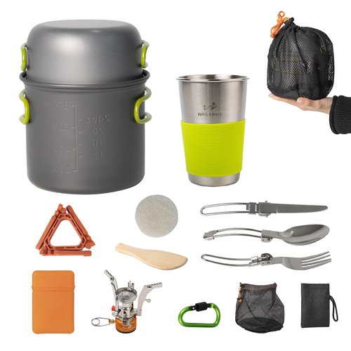 WAILAMHK 14pcs Camping Cookware Kit, Camping Cookware Mess Kit with Lightweight Pot, Stove, Spork and Carry Mesh Bag, Great for Backpacking Outdoor Camping Hiking and Picnic