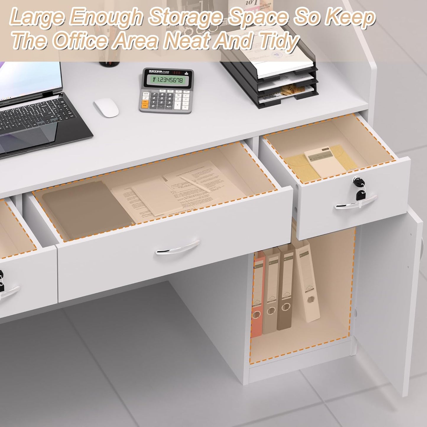 AHB Reception Desk with Counter, Modern Front Table Equipped Lockers & Storage Shelves, 50-inch Checkout Counter with LED Lights & DIY Stripe for Lobbies, Salons, Retail, Home Offices, Reception Room