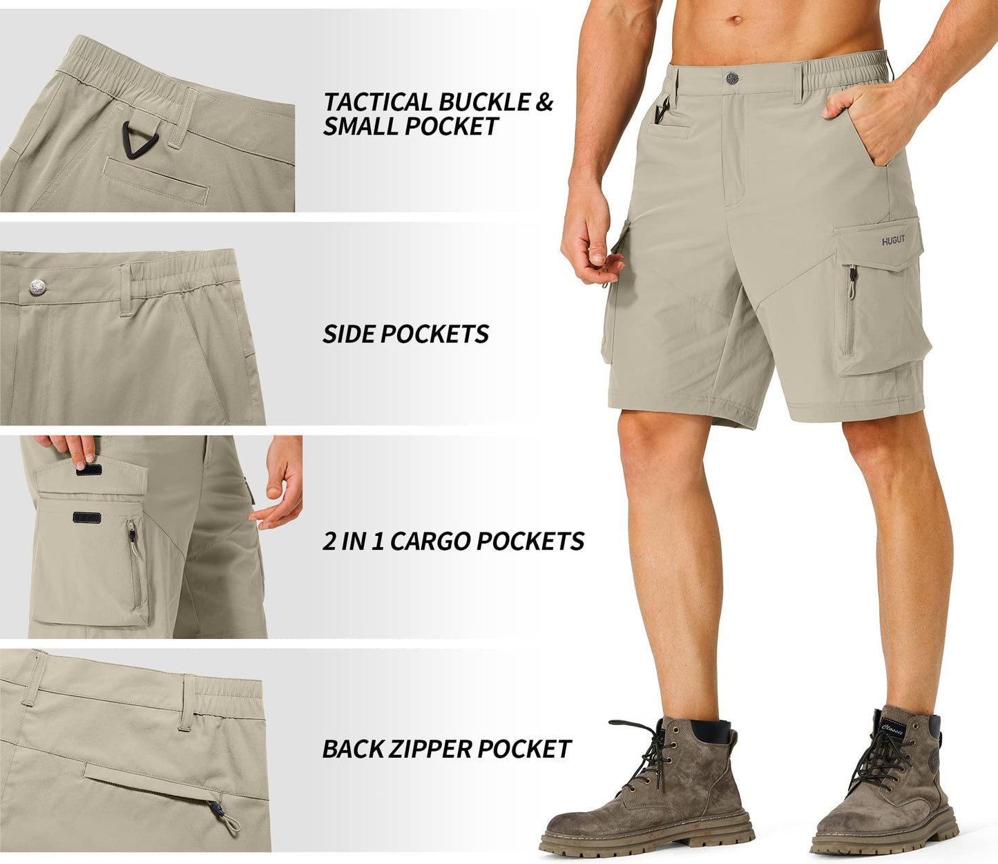 Hugut Men's Hiking Cargo Shorts Quick Dry Lightweight Travel Shorts with Multi Pockets for Fishing Camping Golf