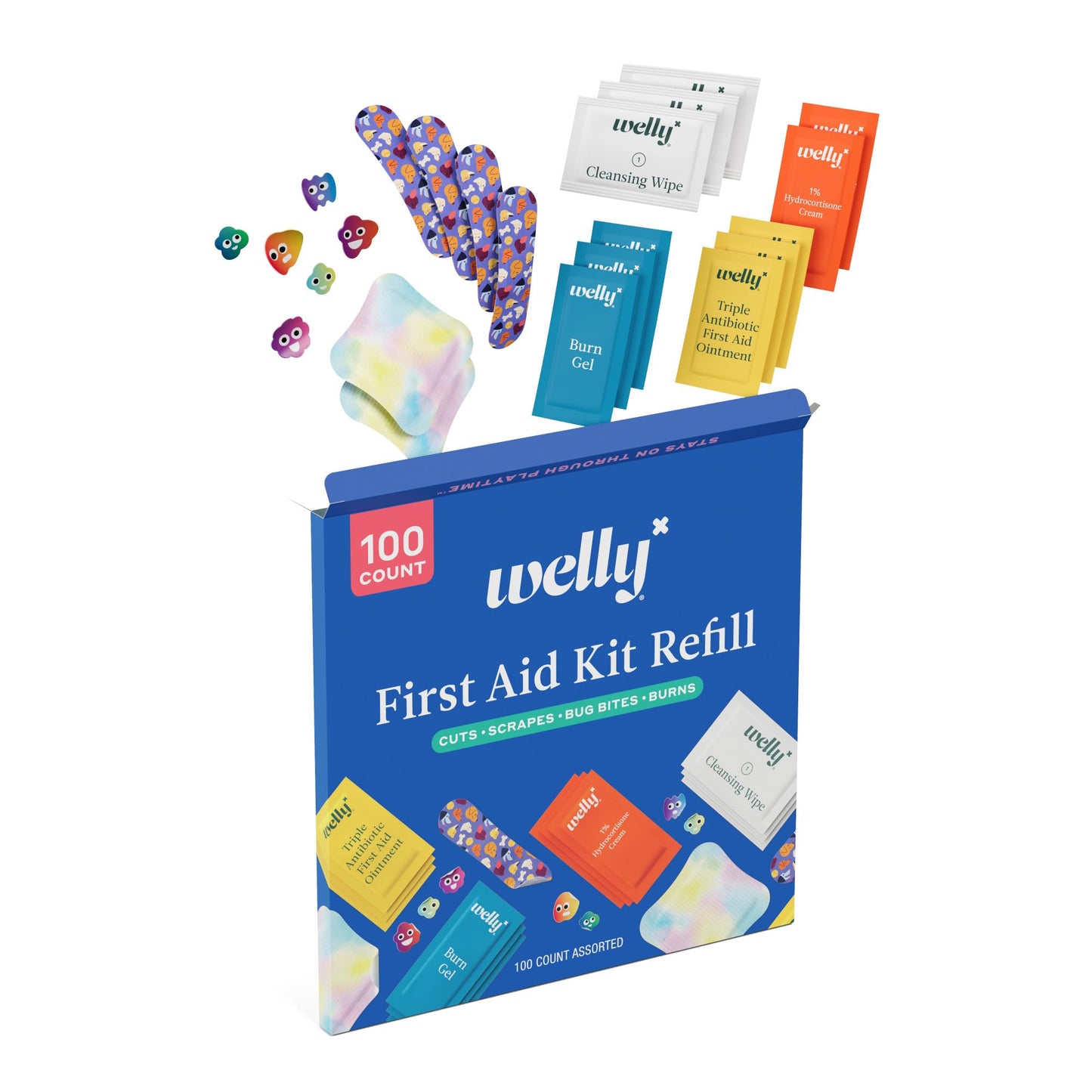 Welly First Aid Kit Refill Carton | Includes Individual Bandages, Cleansing Wipes, Antibiotic Packets, Burn Gel, Hydrocortisone Cream, and Bug Bite Relief Patches | 100 ct
