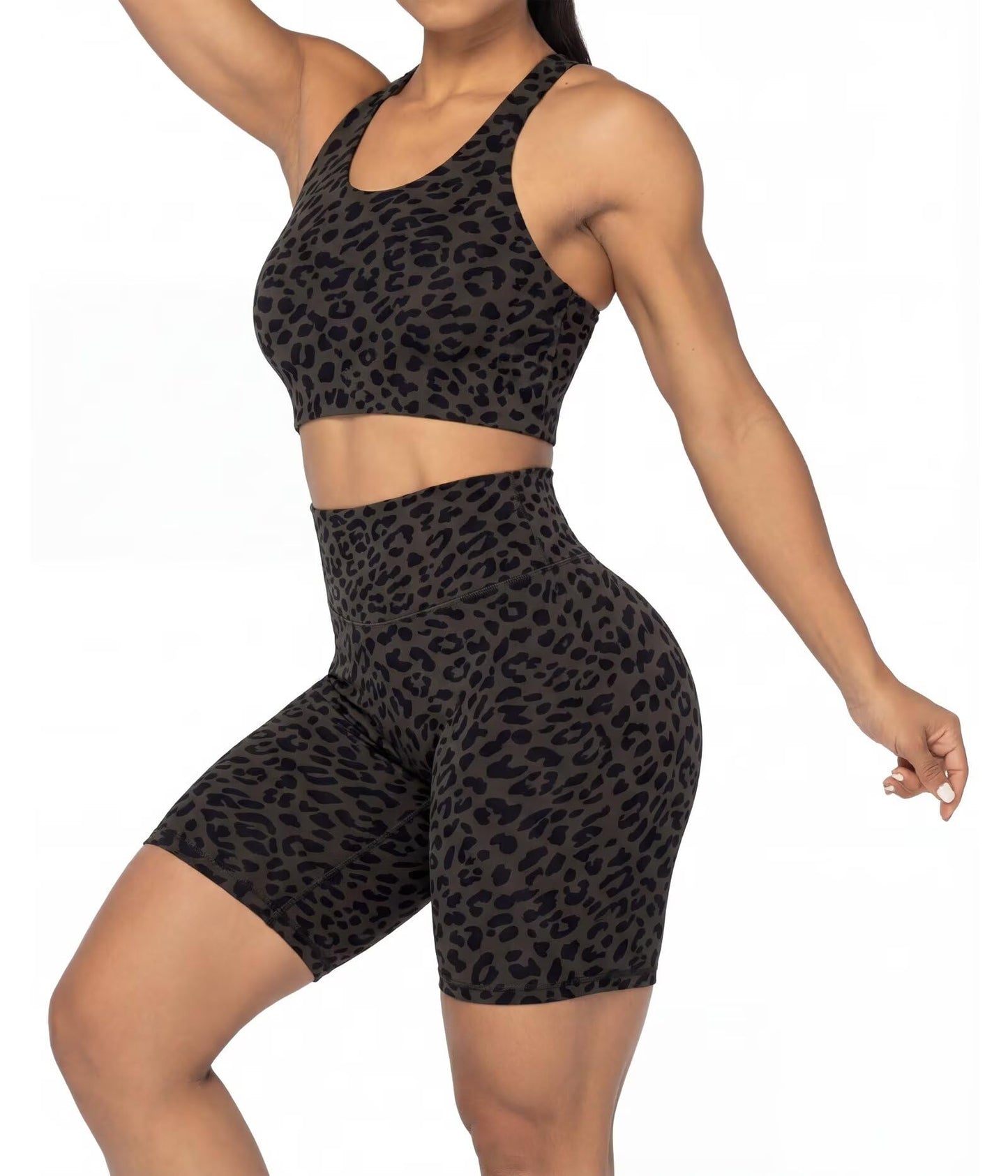 Sunzel 8" Waist Biker Shorts for Women No Front Seam Soft Yoga Workout Gym Bike Shorts Tummy Control Squat Proof Leopard Seal Brown X-Small