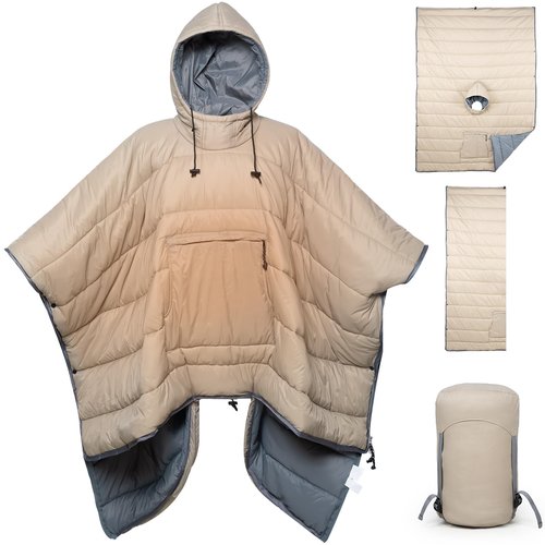 Buylaunch Sleeping Bag Wearable Hooded Blanket - Envelope Lightweight Thermal Cloak Cape Windproof with Premium Stuff Compression Sack for Backpacking Hiking Hunting Fishing Outdoor Sport，Khaki
