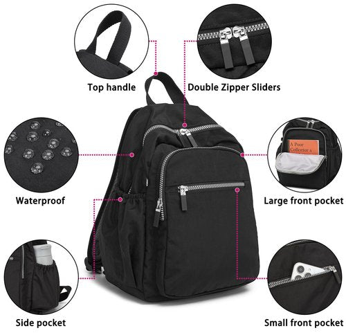 DOKUDOKU Small Nylon Backpack Mini Casual Daypack Lightweight Backpack for Women (BLACK)