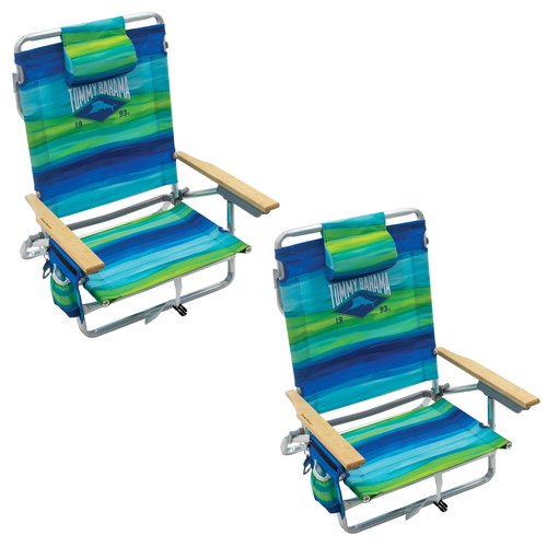 Tommy Bahama 2-Pack 5-Position Classic Lay Flat Backpack Beach Chair with Cooler and Cup Holder, Portable Folding Beach Chair for Tanning, Blue/Green