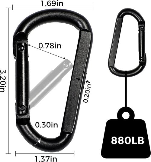 Heavy Duty Carabiner Clips, 880lbs - 3" Iron Carabiners for Keys, Gym, Camping, Hiking Accessories - D-Ring Keychain Hooks for Hammocks, Backpacks, Outdoor Gear