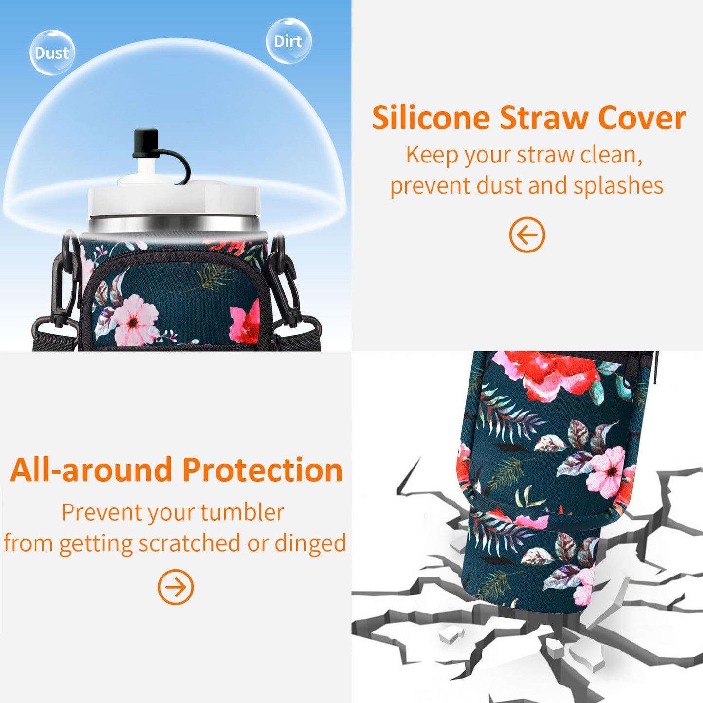 AceTreker Carrier Bag with Phone Pocket for Stanley 30/40 oz Tumbler with Handle - Water Bottle Sling Holder for Stanley Cup Accessories with Adjustable Shoulder & Straw Cap-Wild Rose