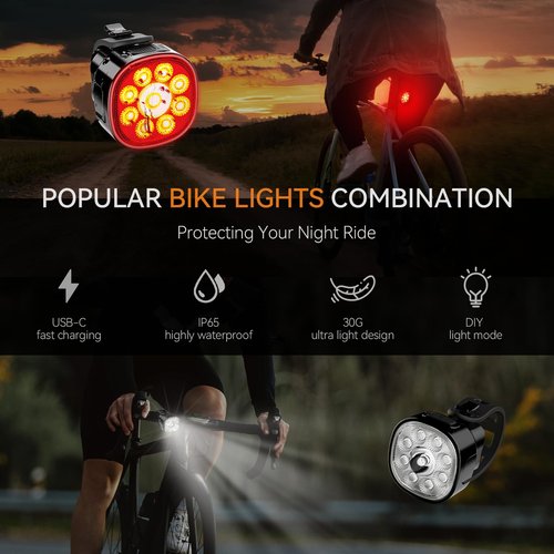 Victagen Bike Lights Kit 9LED Bike Headlights High & Low Beams, Ultra-Light and Bright Bicycle Lights, Waterproof Bike Lights for Night Riding, USB-C Bicycle Front and Rear Lights (VTG9)