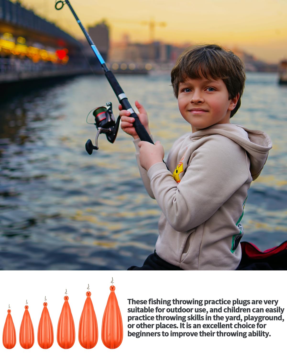Abvsdu 6 PCS Fishing Practice Plugs - 6 Mixed Sizes Orange Bait Casting Practice Plug, Suitable for Children to Improve Throwing Skills (1/5 oz, 1/4 oz, 3/8 oz, 2/5 oz, 1/3 oz, 3/4 oz)
