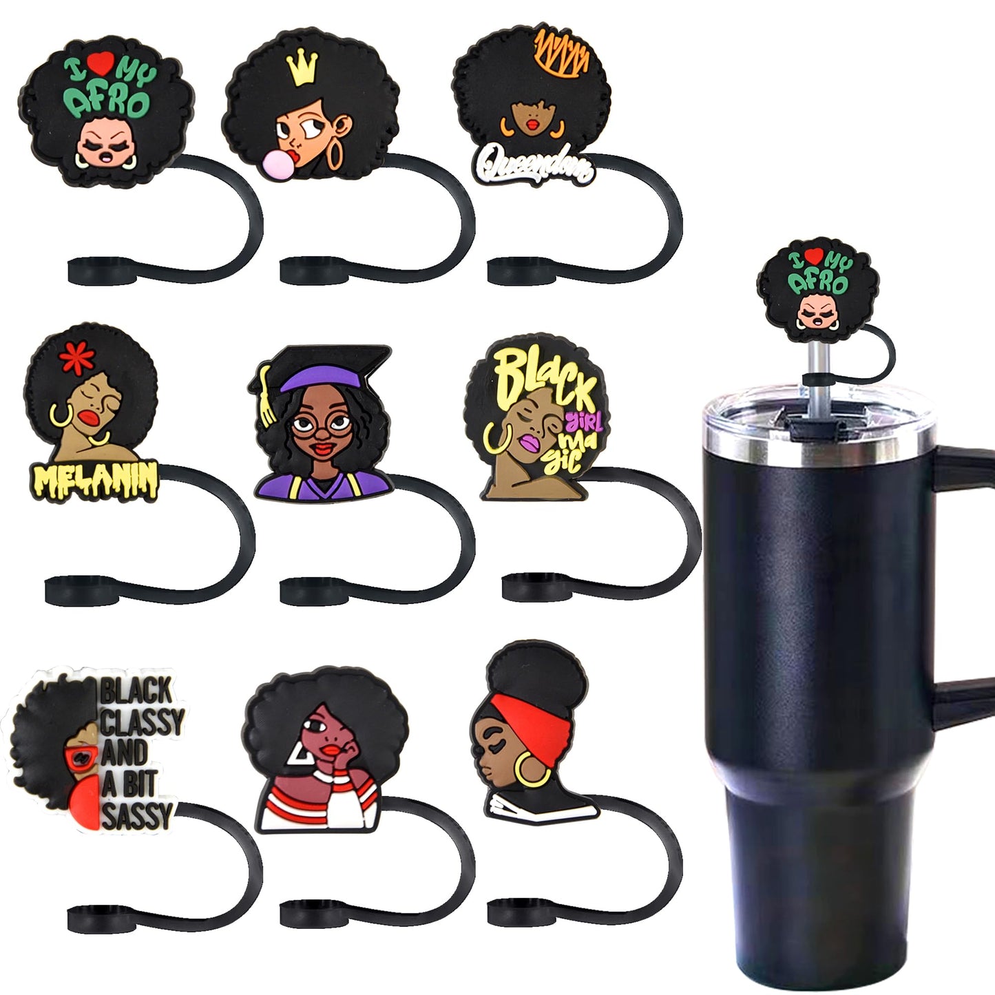 9Pcs Black Girl Straw Cover Topper for Stanley 40oz Tumbler Straw Cap for 0.4inch Straws Stanley Cup Accessories