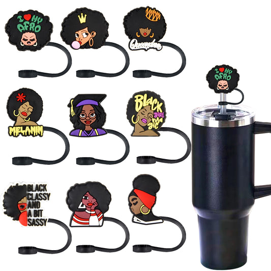 9Pcs Black Girl Straw Cover Topper for Stanley 40oz Tumbler Straw Cap for 0.4inch Straws Stanley Cup Accessories