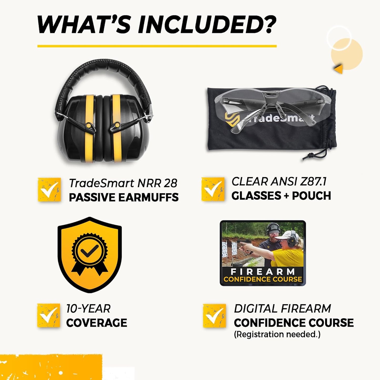 TradeSmart High-Performance Earmuffs for Shooting Range & Shooting Eye Protection Glasses + Firearm Confidence Course