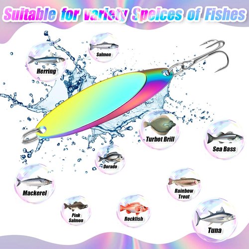 HESTYA 40 Pieces Fishing Lures Spoons Fishing Metal Saltwater Treble Trout Lures Hard Metal Spinner Baits 5 Sizes Casting Spoon Hooks for Salmon Bass in 1/5 1/4 3/8 1/2 3/4 oz (Holographic)