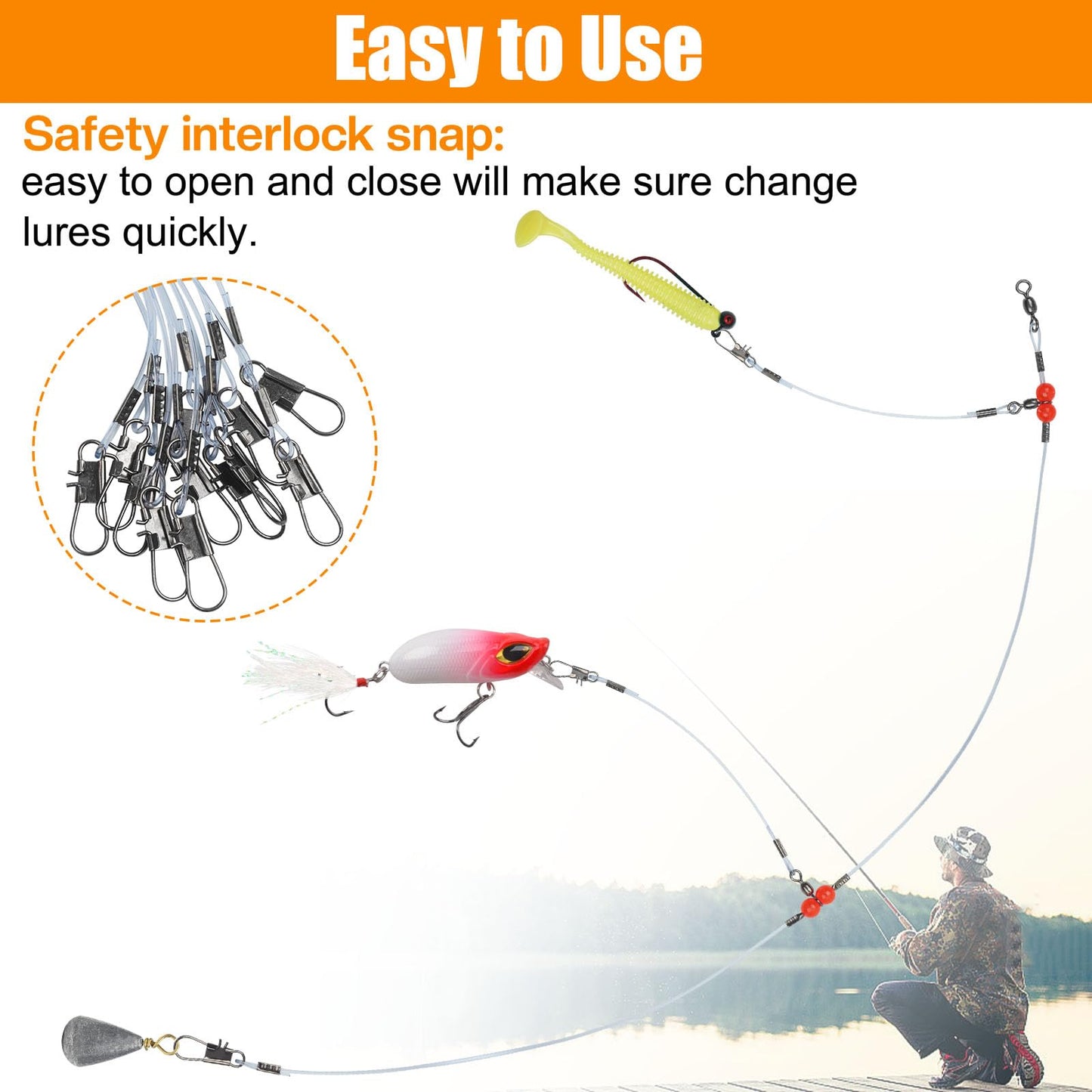 Fishing Leaders Saltwater Tackle Surf Fishing Rigs High Strength Fishing Wire Leader Line Rig with Swivels Snap for Lures Bait Hooks (2 arm, 12pcs, Blue Nylon)