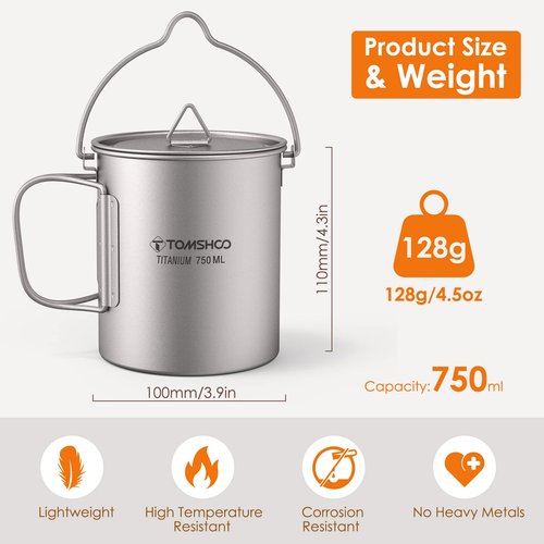 HUIOP Titanium Pot, 750ml, Silver, Uncoated, 4.5oz, Camping Pot with Lid and Storage Sack