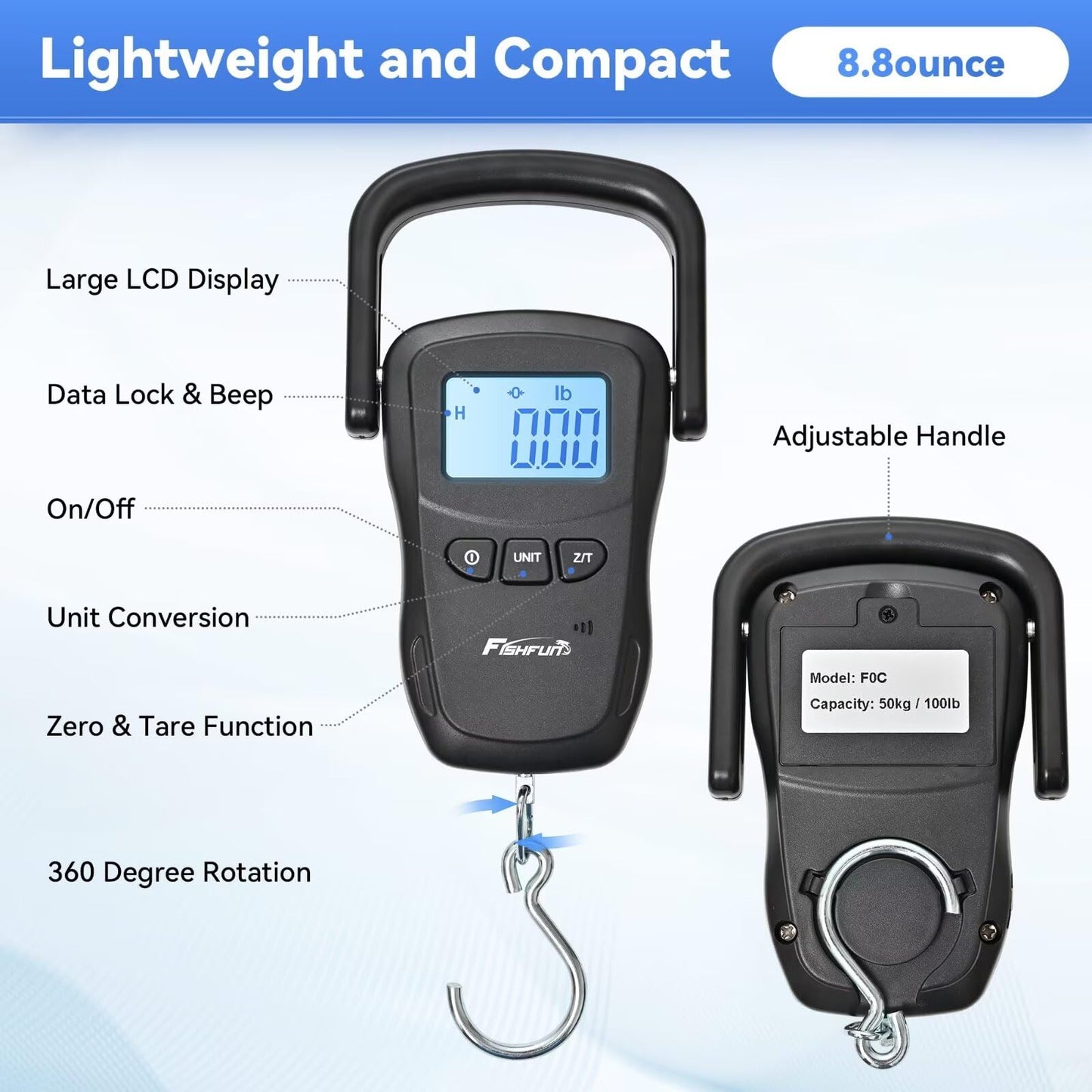 Fishfun Rechargeable Fish Scale, Digital Hanging Fish Weight Scale with Large Handle and Tape Measure for Fishing, Hunting, Outdoor, Farm, 110lb/50kg