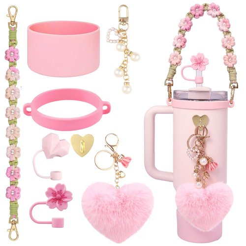 VIQWYIC Water Bottle Accessories Set for Stanley Cup 30oz & 40oz Tumblers Includes Handle Strap, Silicone Boot, Straw Cover Cap, and Pearl Keychain Charms