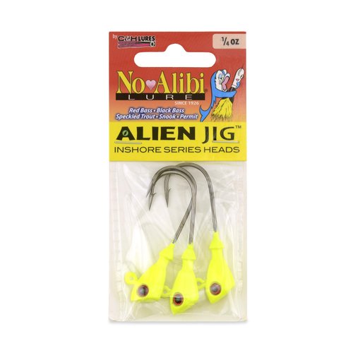 No Alibi Alien Jig Head, Chartreuse, 1/4 oz, 4/0 Hook, 3 pc