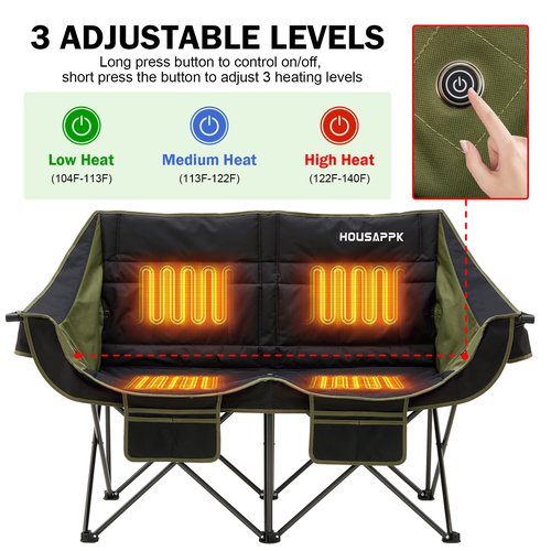 Heated Camping Chair, Oversized Heated Double Camping Chair for Adults 2 People, Heated Folding Outdoor Sports Chairs for Lawn, Hunting and Picnic, Supports 750 lbs,Battery Not Included