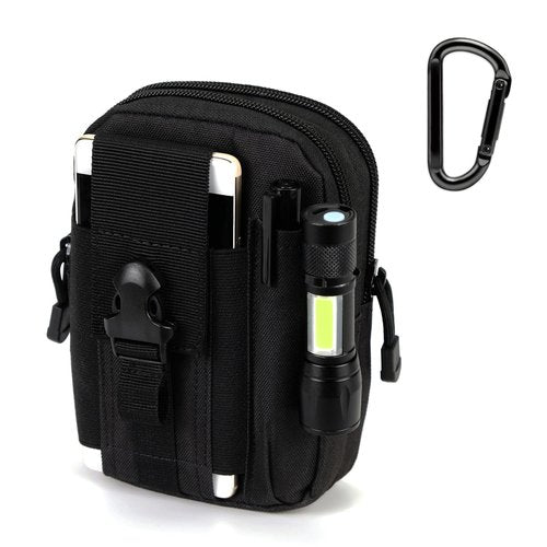 Tactical Waist Pouch MOLLE EDC Pouch Outdoor Man Waist Bag with Phone Belt Clip Holder Holster Carrying Pouch for Smartphone (WholeBlack+Easy Carabiner)