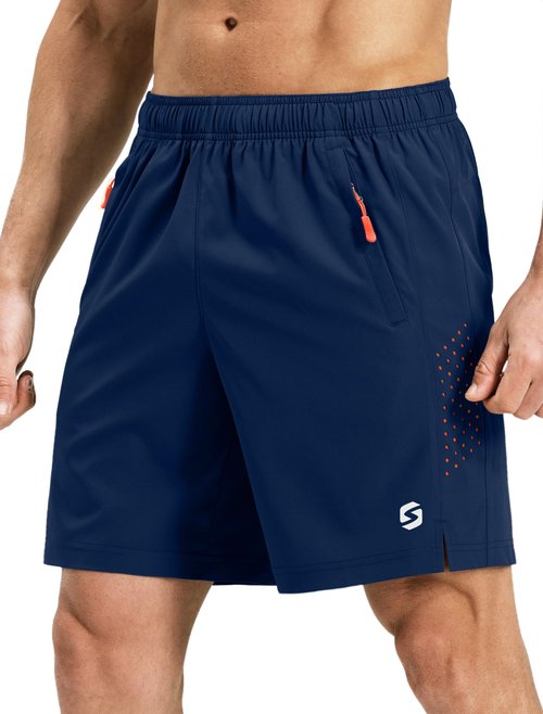 S Spowind Men’s Running Athletic Shorts 7 Inch Quick Dry Lightweight Workout Gym Tennis Shorts 3 Zipper Pockets Navy