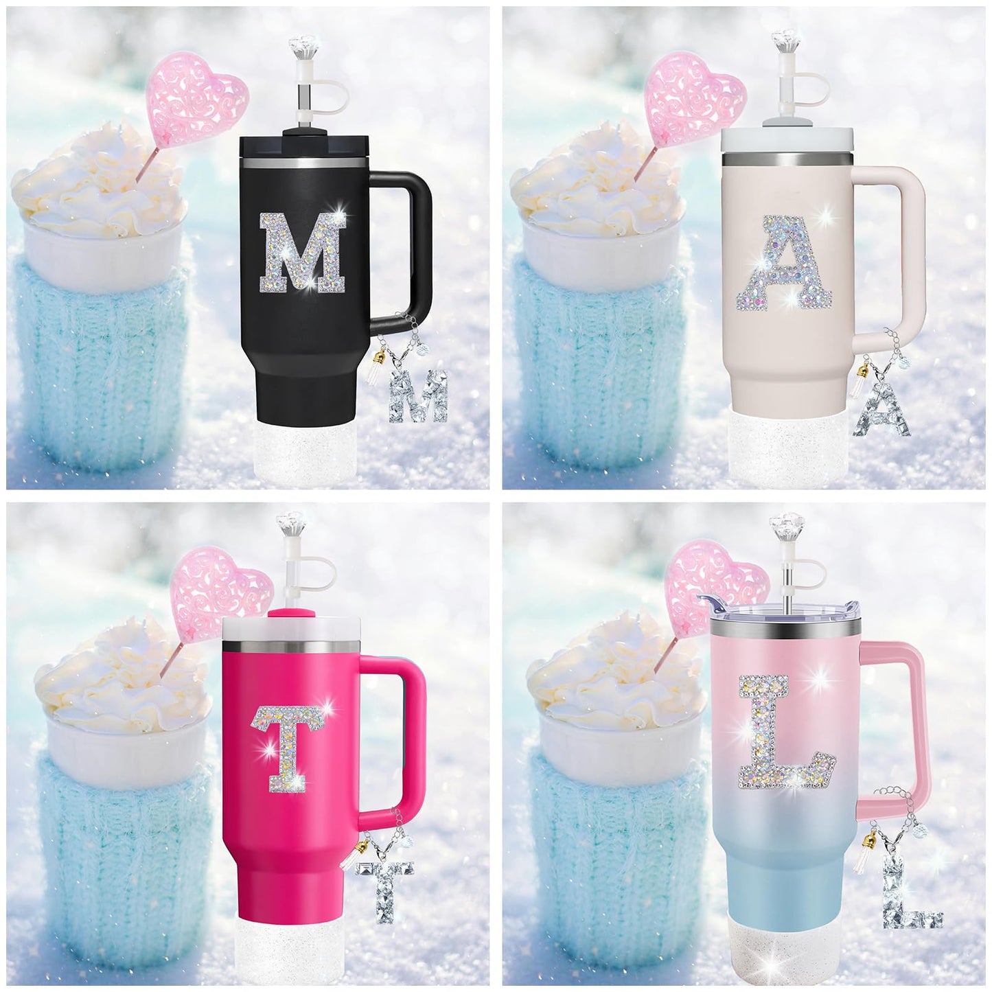 6 PCS Stanley Cup Accessories Set Design for Stanley Cup 30 oz 40 oz, Diamond Straw Cover Topper Cap, Silicone Boot, Spill Proof Stopper, Handle Charm and Initials Sticker Included for Stanley Tumbler