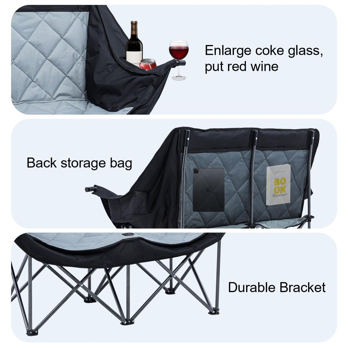 ANGELBECKE Double Camping Chair Oversized Padded Camping Sofa for 2 Person Heavy Duty Outdoor Folding Couch Portable Lawn Chair with Dual Cup Holders & Wine Glass Holders Weight Bearing 660LBS