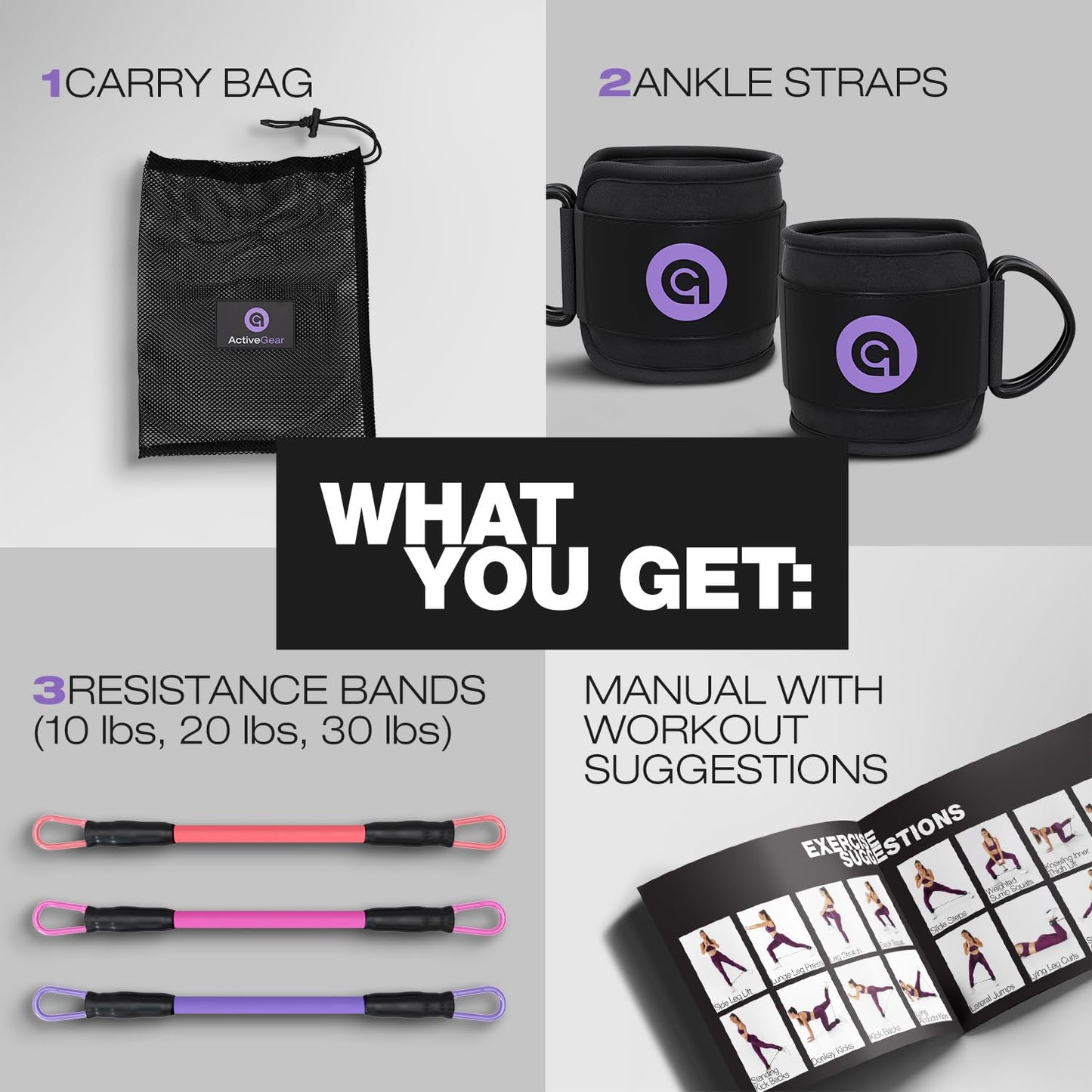 ActiveGear Ankle Resistance Bands with Cuffs - Ideal for Glutes, Legs & Core Workouts, Kickback Ankle Strap Set for Home Workout Equipment & Gym Fitness - Purple