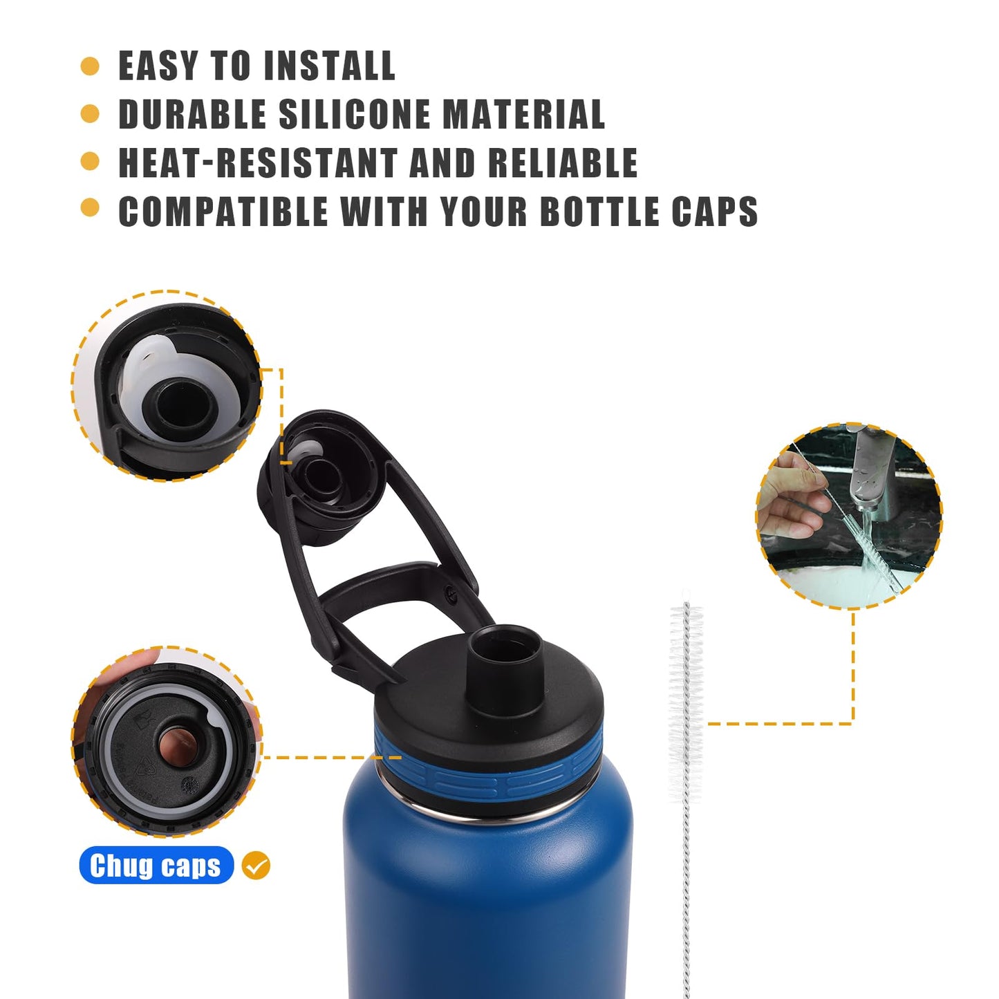 9pcs Water Bottle Gasket Replacement with Straw Brush, Silicone Sealing Rings Lid Gaskets Replacement Parts for Thermoflask 24/32/40/64oz Water Bottles