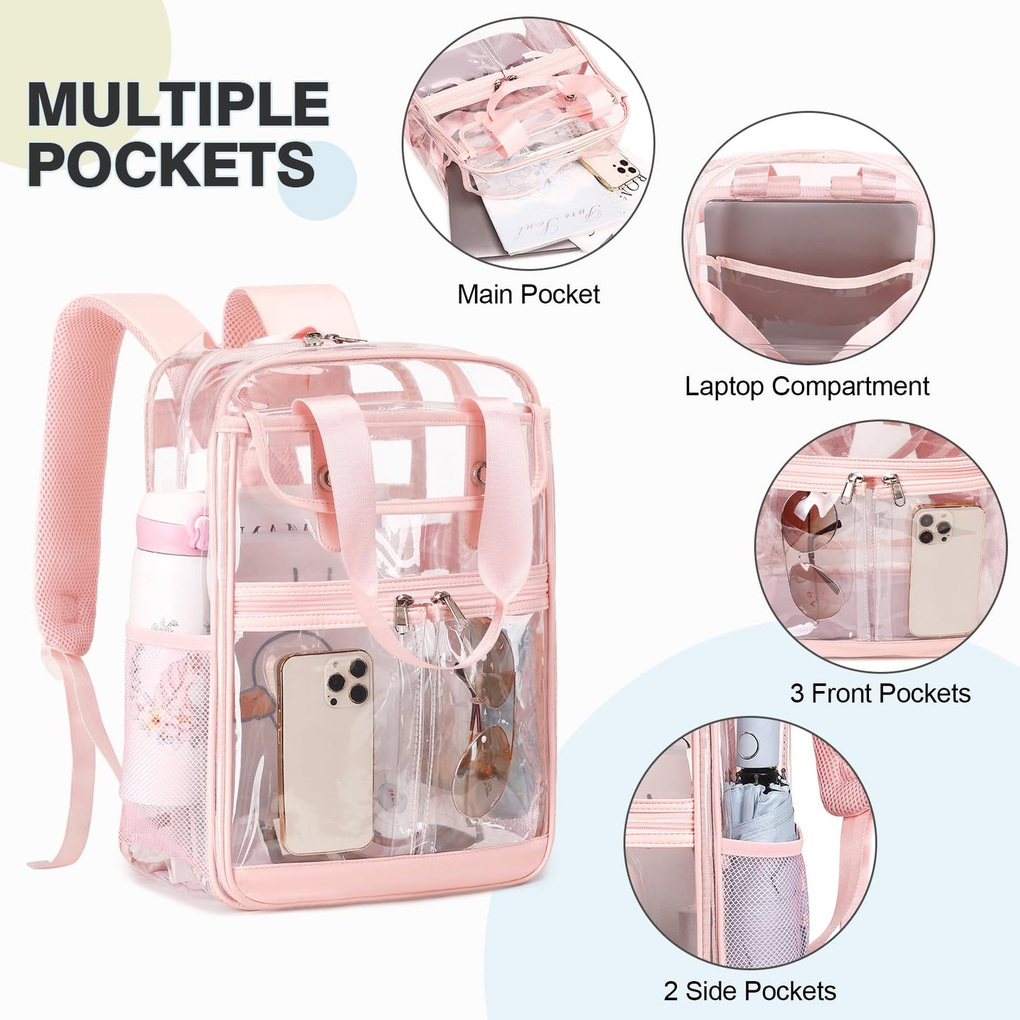 FIXITOK 2PCS Clear Backpack for Women Girls, Heavy Duty Clear Backpack with Clear Tote Bag for Stadium Events, See Through Backpack, Large Transparent Backpack Clear Bookbag for Concert Work Travel
