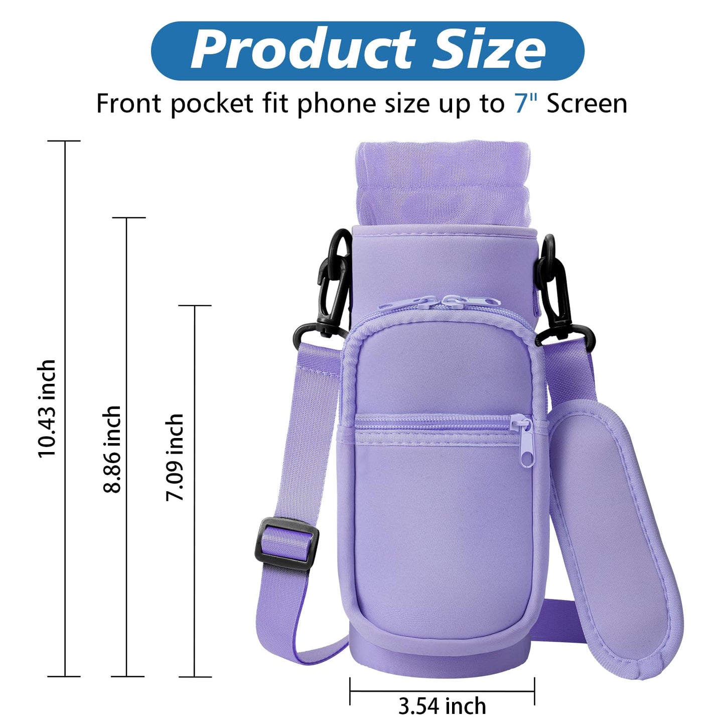 AceTreker 32 oz 40 oz Water Bottle Sling with 2 Pockets, Neoprene Water Bottle Holder with Strap, Sport Bottle Sleeve for Traveling, Walking, Camping-Purple