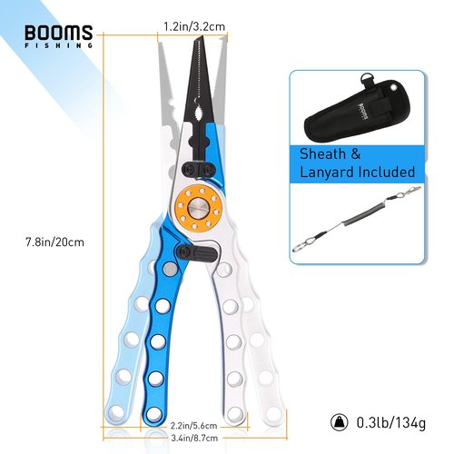 Booms Fishing X1 Aluminum Fishing Pliers Hook Remover, Braided Fishing Line Cutting and Split Ring Pliers with Coiled Lanyard and Sheath, Blue with Lock