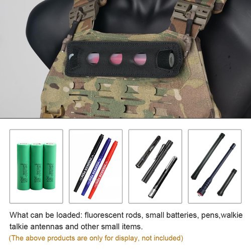 TOPTACPRO Tactical Glow Stick Pouch Chemlight Pen Holder Flashlight Battery Organizer Hook Glow Sticks Panel V2 500D Nylon (Black)