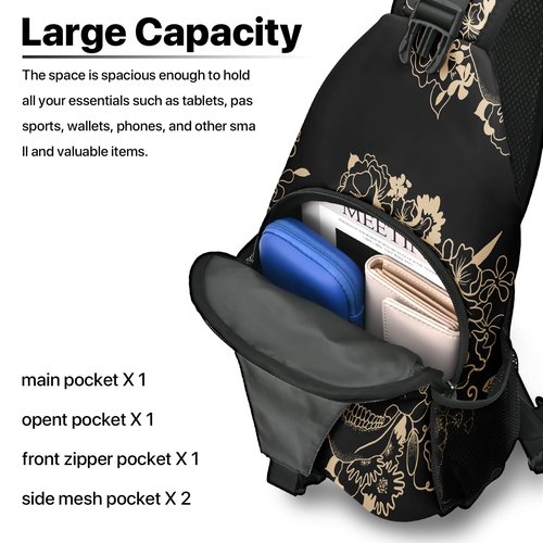 Yamegoun Skull Sling Bag Travel Sling Backpack Crossbody Bag Shoulder Pack Hiking chest Daypack for Women Men Waterproof Adjustable Lightweight Cycling Runners Climbing