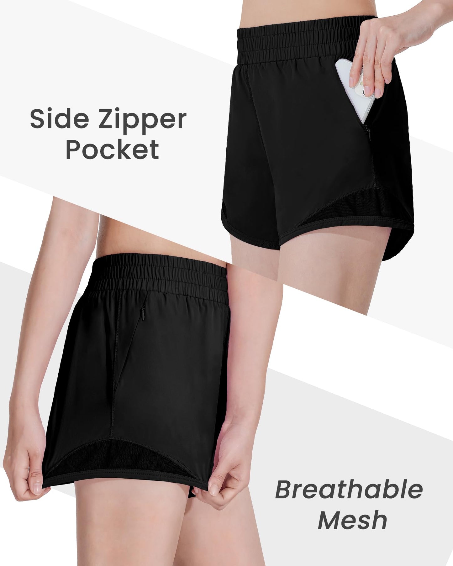 Auranso Girls Athletic Shorts Quick Dry Running Shorts with Mesh Liner and Zip Pockets Black 11-12 Years