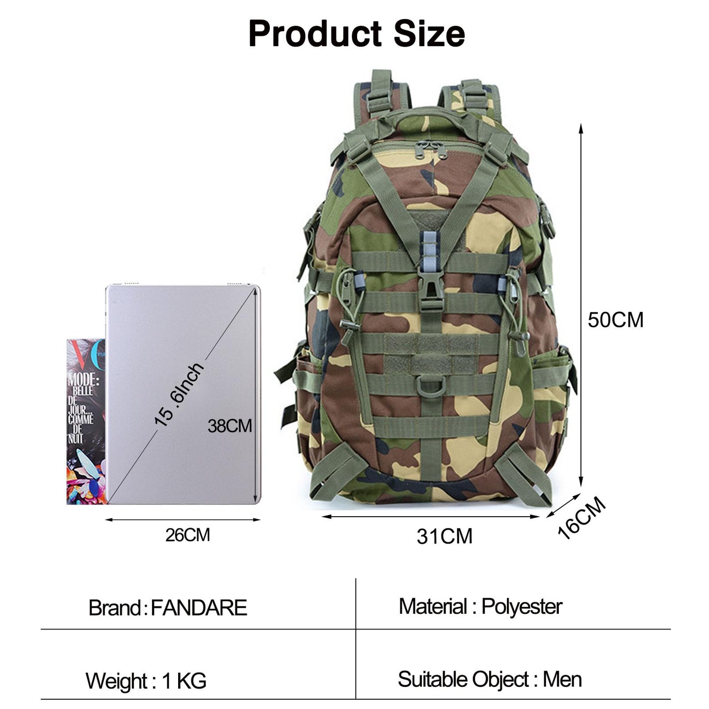 FANDARE Military Tactical Backpack Waterproof Heavy duty 3 Day Assault Pack Molle Bag Backpacks Army Daypack for Men Tactical Laptop Bug Out Hiking Rucksack