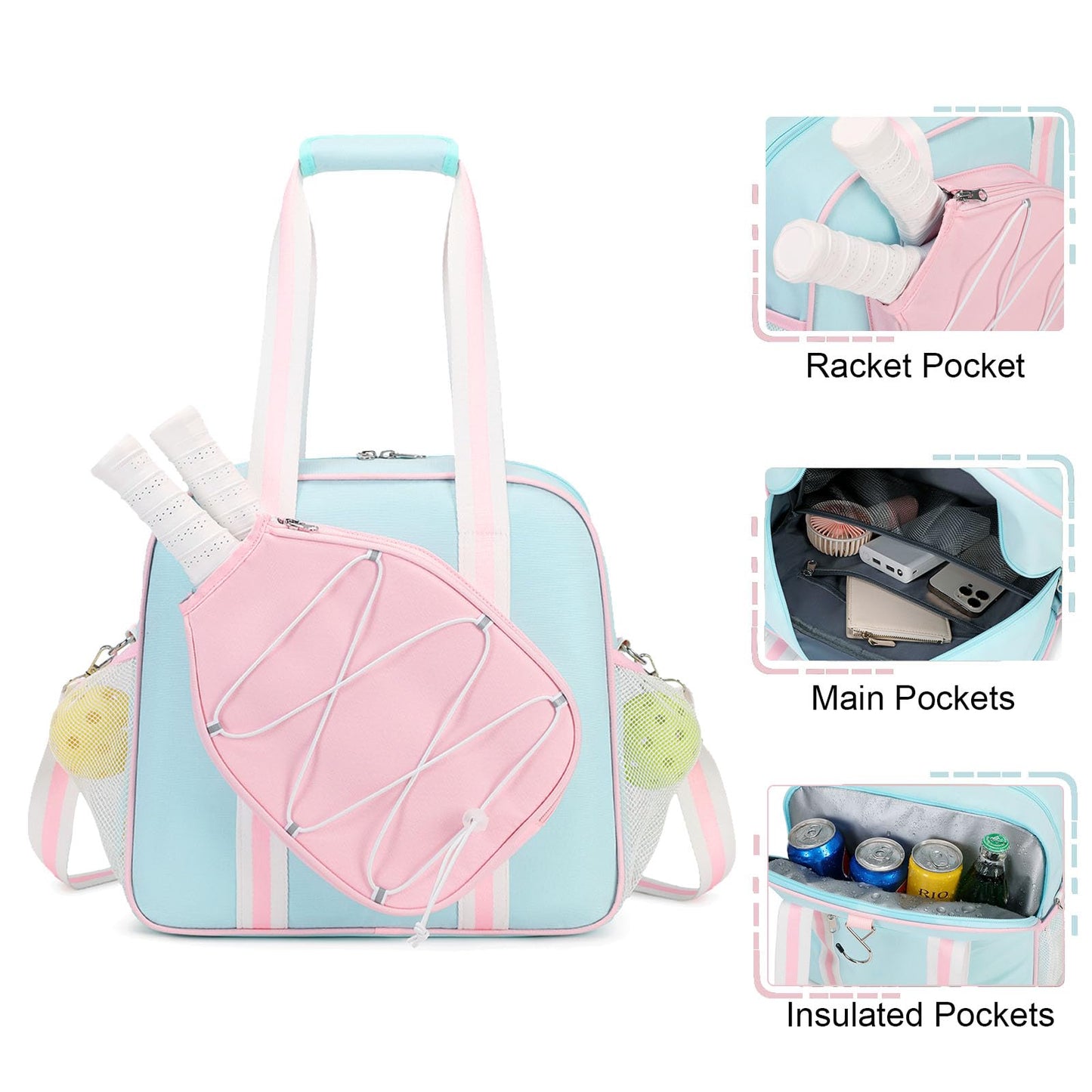 ACESAK Pink Large Pickleball Bag for Women Men Teens with 2 In 1 Insulated Pocket & Fence Hook