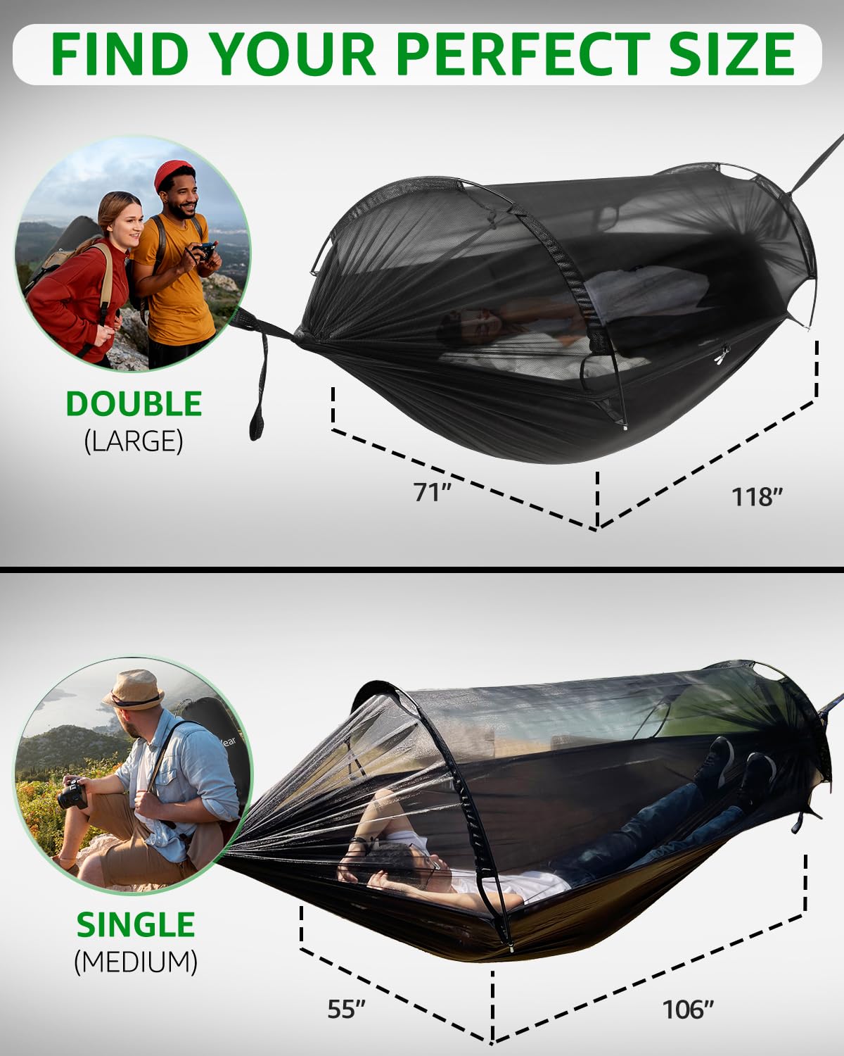 ADVOKAIR Camping Hammock with Mosquito Net Up to 500lbs, Ultralight and Portable Nylon Travel Hanging Hammock with Tree Straps, Perfect for Outside, Backpacking, Hiking and Backyard